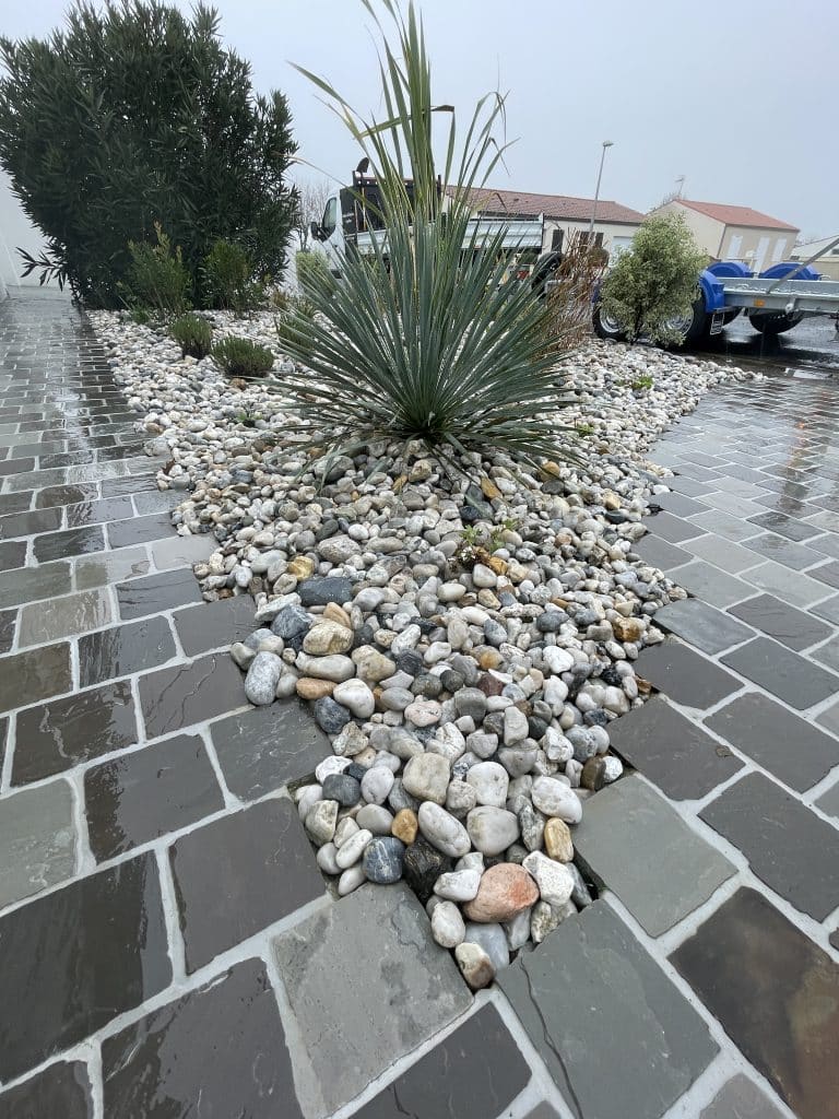 Massif minéral décoratif avec galets blancs et plante graphique, intégré à une allée pavée moderne devant une habitation.
